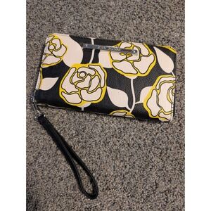 Betsey Johnson Womens Black White Yellow Rose Floral Zip Around Wristlet Wallet